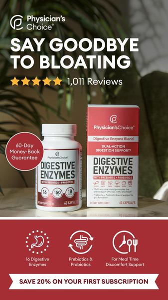 A 9:16 vertical social ad featuring a product-focused layout, 5-star social proof, and a clear discount offer for digestive enzyme supplements.